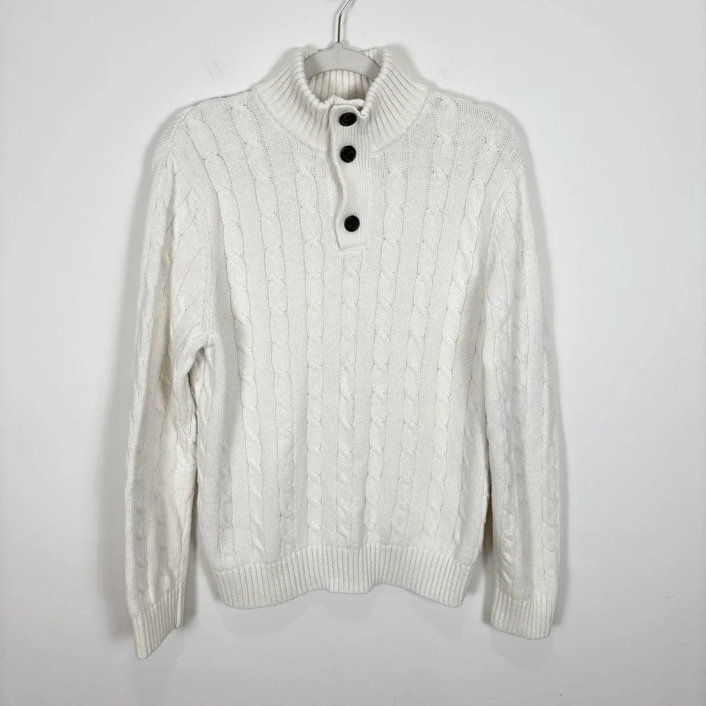 Banana Republic Sweater Men L Ivory Cable Knit Button Mock Neck